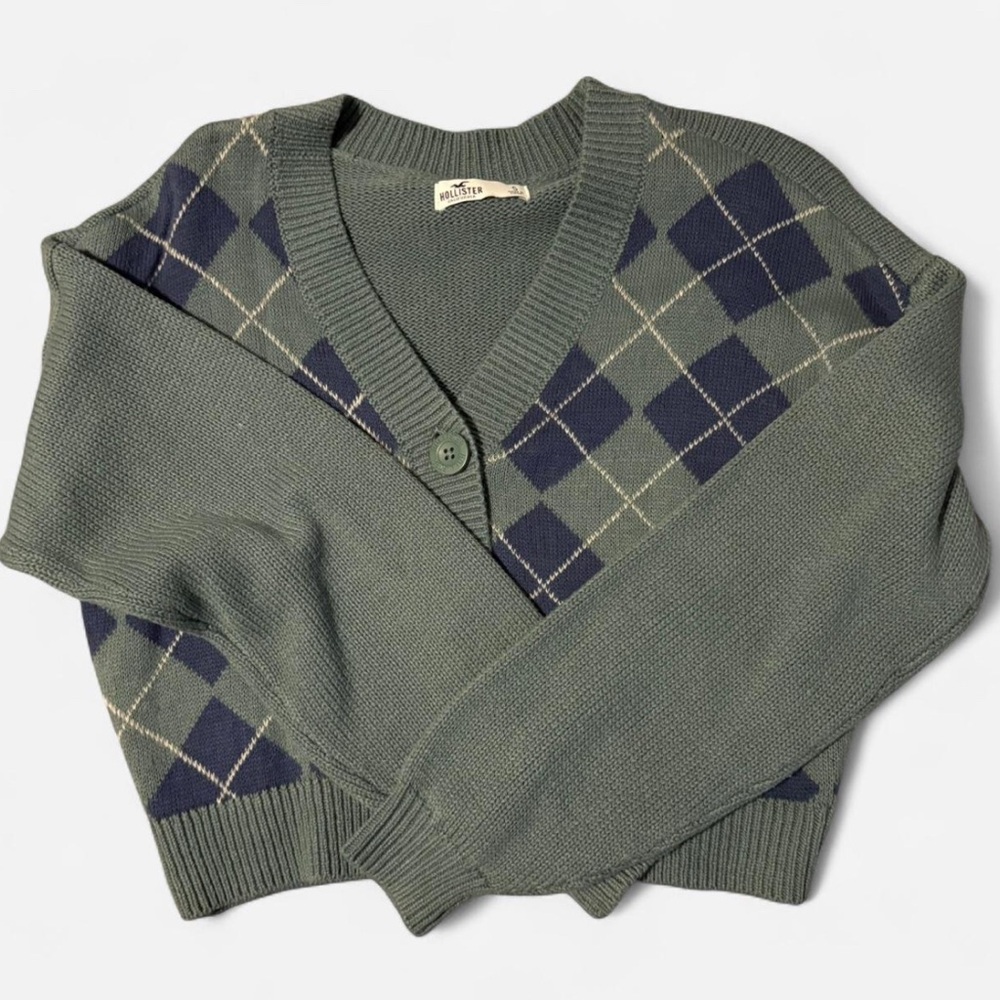 Hollister Green and Blue Cardigan with Argyle Pattern